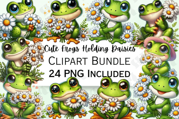 Download Cute Frog Holding Daisies Clipart - Premium Resources